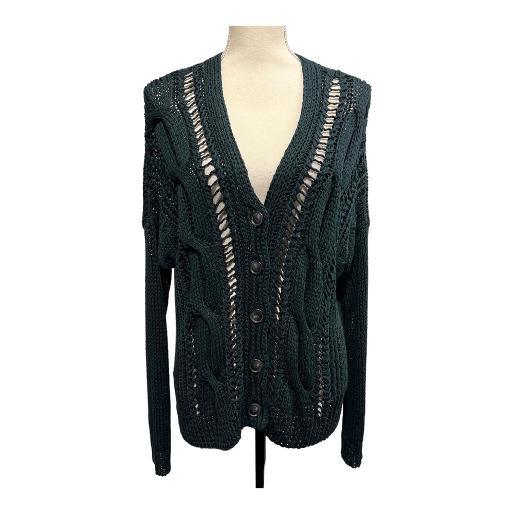 Theory Cardigan Green Open Heavy Cable Knit Size S Button Down Preppy Academia